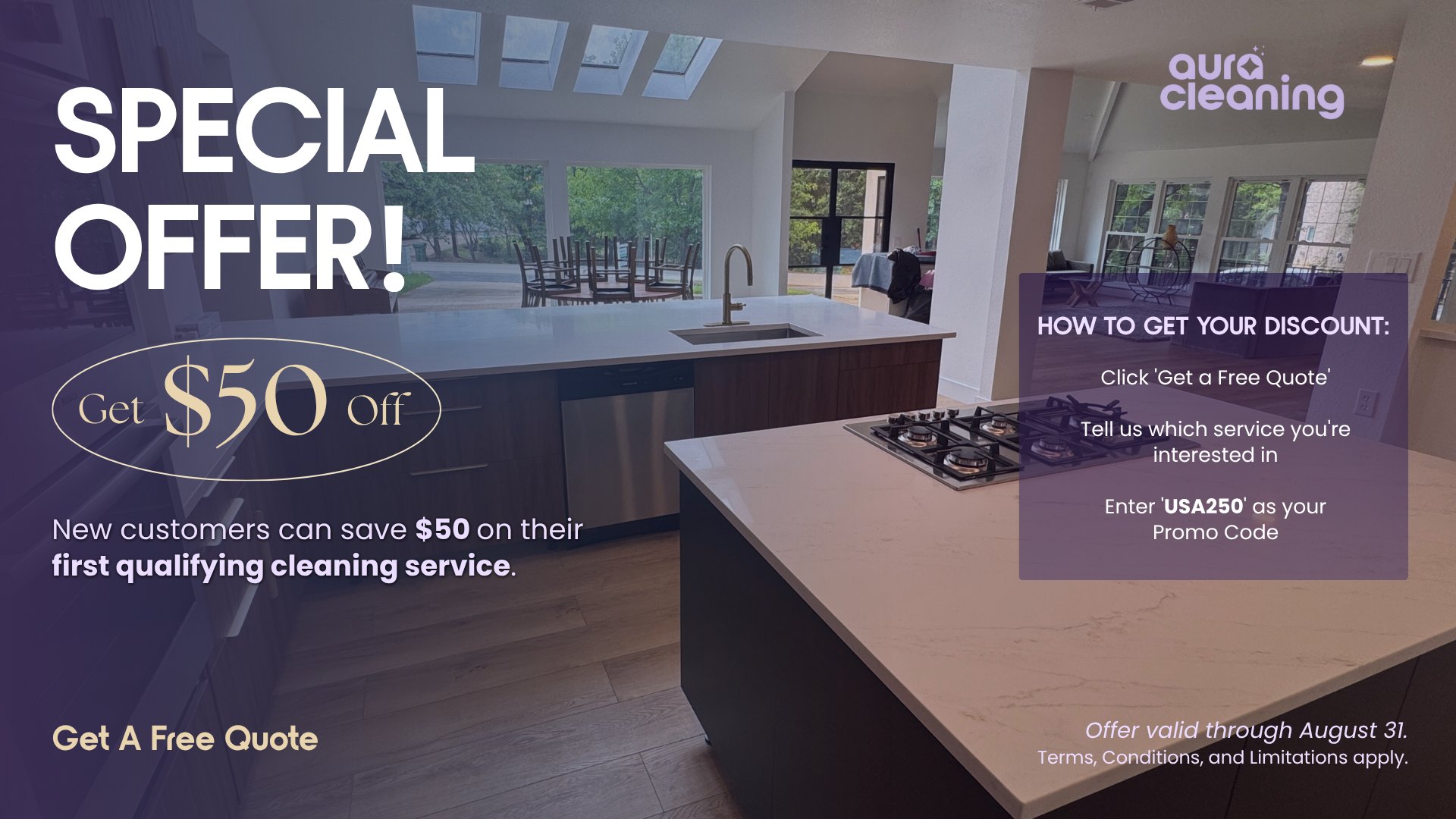 Special offer: new customers get $50 off their first qualifying cleaning service with promo code USA250. Offer valid through August 31; terms, conditions and limitations apply.